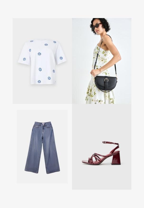 White short-sleeve t-shirt featuring blue and pink abstract print designs throughout. Made from soft cotton with a relaxed fit.; Wide-leg denim jeans in a light blue wash, featuring a high waist, front pockets, and a button closure with belt loops.; Patent burgundy heeled sandals with a square toe, featuring multiple intertwined straps and a chunky block heel. Adjustable ankle strap.; Black leather handbag with a curved shape, detachable strap, and gold hardware. The bag features a flap with a buckle detail.