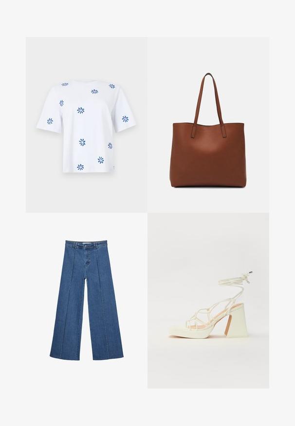 Hvid kortærmet T-shirt med blå og lyserøde abstrakte trykdesigns over det hele. Lavet af blødt bomuld med en afslappet pasform.; Bredde ben denim jeans i mellemblå, med høj talje, knaplukning og kontrasterende lodrette sømdetaljer foran.; Hvide højhælede sandaler med en kraftig hæl, der har et stropdesign og ankelbinding. Glat tekstur med en platform foran for ekstra højde.; Brun læder tote taske med en glat overflade, åben topdesign og to skulderremme. Har minimal syning og ingen synlig hardware.