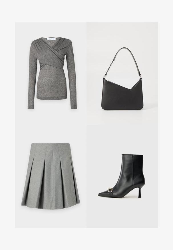 DAY Birger et Mikkelsen KIRA - Pikkade varrukatega topp - charcoal melange; Kortsukeldud hall seelik, mis on valmistatud tekstuuriga kangast, omades sobivat vöökohta ja laiendatud disaini. Ilma nähtavate riistade või aktsentideta.; Must mustanvärvi nahast pahklinetopp, millel on terav nina, peen keskmise kõrgusega konts ja hõbedane keha detail külgedel, taustal lihtne taust.; Mustmust mustra kott, millel on kolmnurkne kuju, õhuke rihm ja hõbedased detailid. Omab tõmblukuga sulgemist ja reljeefset logo esiklapi peal.