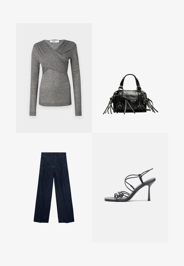 DAY Birger et Mikkelsen KIRA szary; Granatowe dżinsy o szerokich nogawkach, z wysokim stanem, zakładające fałdy i tradycyjnym pięciokieszeniowym wzornictwem, wykonane z denimu z subtelnymi akcentami w szyciu.; Czarne sandały na wysokim obcasie mają cienkie paski z węzłowym wzorem, gładki, kwadratowy czubek i smukły obcas w stylu szpilki.; Czarna skórzana torebka z plecionymi uchwytami, teksturowaną powierzchnią, zamykanym z przodu kieszonką oraz dekoracyjnymi frędzlami. Kompaktowy i wyraźny kształt.; Srebrne kolczyki na biglu o gładkim, błyszczącym wykończeniu. O zaokrąglonym kształcie, lekkim designie, z zamknięciem na zatrzask.
