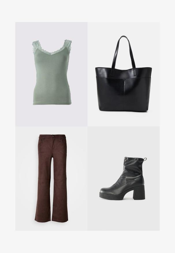 Hellgrünes Spaghettiträgertop mit Spitzeneinsatz am Ausschnitt und den Schultern. Weicher, glatter Stoff mit tailliertem Schnitt und V-Ausschnitt.; Braune, ausgestellte Hosen aus einem weichen, samtartigen Stoff. Verfügt über vier Taschen, einen Knopfverschluss und eine glatte, strukturierte Oberfläche.; Schwarze Stiefeletten aus glattem Leder mit seitlichem Reißverschluss, klobigem strukturiertem Absatz und runder Zehenform.; Schwarze Leder-Shopper-Tasche mit zwei langen Griffen, einer glatten Textur und einer strukturierten Form. Verfügt über eine Vordertasche für zusätzlichen Stauraum.