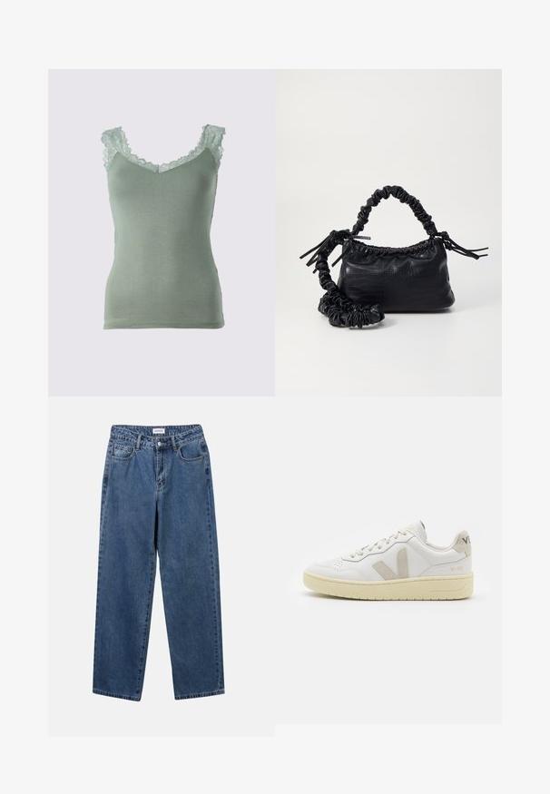 Lysegrønn cami-top med blonder langs halslinjen og skuldrene. Mykt, glatt stoff med en tett passform og V-hals.; Klassiske blå denimjeans med rett ben-design, fem lommer og knappelukking. Har en middels vask og solid tekstur.; Hvite lær sneakers med beige semsket detaljer, perforert tåboks, flate lisser og en teksturert kremfarget såle. Har subtil branding på hælen.; Svart faux skinn-håndveske med krokodilletekstur, strammet topp og en rynket stropp. Ser myk og kompakt ut i designen.