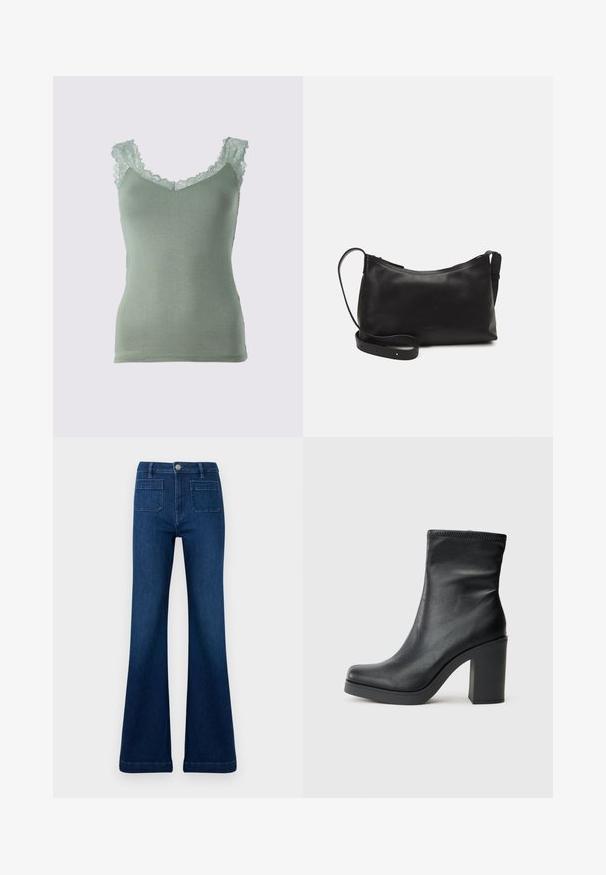 Lichtgroene cami-top met kantafwerking langs de halslijn en schouders. Zacht, glad materiaal met een aansluitend ontwerp en een V-hals.; Donkerblauwe flared jeans van denim, met een hoge taille, twee achterzakken en contrasterende stiksels langs de naden.; Zwarte leren enkellaars met een hoge blokhak, een gladde textuur, een aangesloten ontwerp en gestikte details aan de bovenkant.; Zwarte leren schoudertas met een gladde textuur, gebogen vorm, verstelbare schouderband en een ritsafsluiting. Minimalistisch ontwerp zonder versieringen.