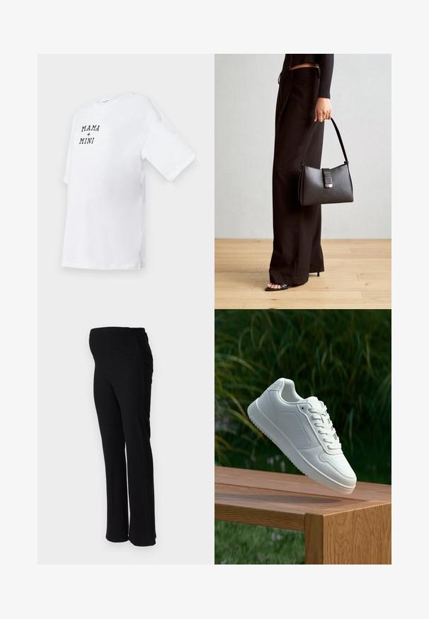 White cotton t-shirt featuring short sleeves, a crew neckline, and black printed text "MAMA + MINI" on the front. Side slits at the hem.; ONLY MATERNITY OLMHALLE - Trousers - black; White sneaker with a smooth synthetic upper, perforated toe box, flat laces, and a textured sole, displayed on a wooden surface.; Black handbag with structured shape, smooth texture, and a metallic clasp. Paired with wide black pants and open-toe sandals on wooden floor.