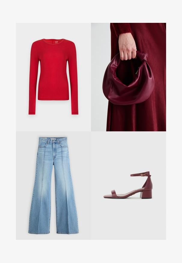 Rød langermet skjorte laget av myk bomull, med rund hals og tettsittende design. Jevn tekstur uten mønstre eller pynt.; Lyseblå høytlivsjeans med vide ben, front- og baklommer, beltehemper og vertikale sømdetaljer foran.; Burgunderrøde lærsandaler med firkantet tå, tynd ankelrem, guldbeslag og en kraftig blokhæl. Glat tekstur og minimalistisk design.; Bordeaux lærhåndveske med et mykt, samlet design og avrundet form. Håndtaket er festet, og viser en glatt tekstur.