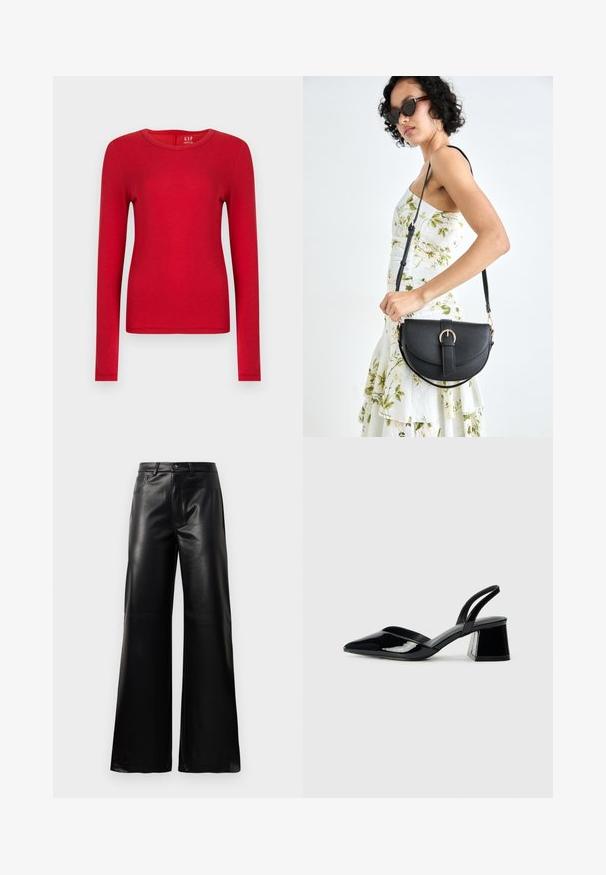 Červená košile s dlouhým rukávem z měkké bavlny, s kulatým výstřihem a přiléhavým střihem. Hladká textura bez vzorů či ozdob.; Černé kalhoty s vysokým pasem a širokými nohavicemi z umělé kůže, s předním knoflíkem, zipovým zapínáním, poutky na pás a bočními kapsami na bílém pozadí.; Černé lakované kožené lodičky na pásku s špičatou špičkou a geometrickým blokovým podpatkem. Vyznačují se elegantním, minimalistickým designem a hladkým povrchem.; Černá kožená kabelka s křivkovým tvarem, odnímatelným popruhem a zlatými detaily. Kabelka má klopu s přezkou.