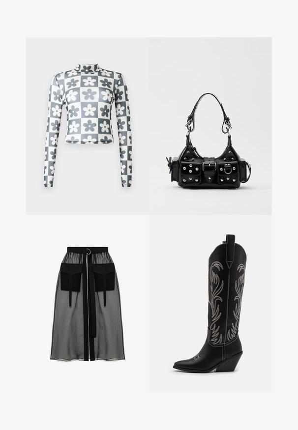 Maglietta crop a maniche lunghe e collo alto in tessuto elastico con un motivo a scacchi che presenta fiori blu scuro e bianchi. Texture liscia.; Gonna nera trasparente con una vita arricciata, dotata di due ampie tasche frontali, un laccetto in vita e un ornamento metallico circolare.; Stivali da cowboy in pelle nera con punte affusolate, tacchi a zoccolo e motivi floreali ricamati in argento lungo il gambale. Cuciture a contrasto in tutto lo stivale.; Borsa a mano in pelle nera con design curvo, caratterizzata da borchie argentate, una fibbia e due tasche laterali. Tracolla regolabile per diverse opzioni di trasporto.