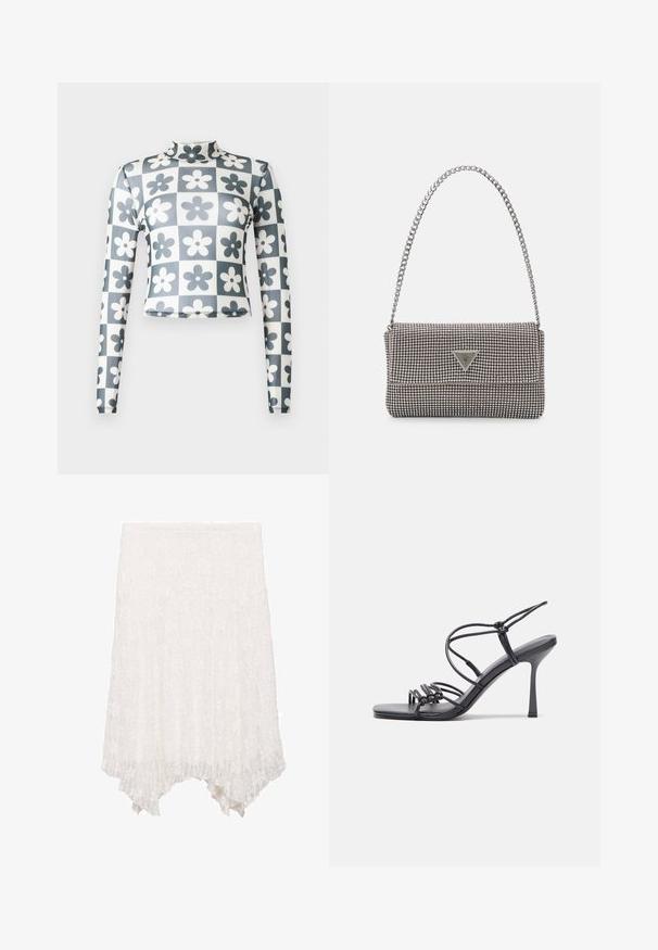 Dolga majica s visokim ovratnikom in dolgimi rokavi iz raztegljive tkanine s šahirskim vzorcem, ki vključuje temno modre in bele cvetove. Gladka tekstura.; Čipkasta krila v beli barvi z večplastnim dizajnom, ki vsebuje cvetlični vzorec in asimetričen rob, ki je spredaj krajši in zadaj daljši.; Črne visoke sandale na peto imajo tanke naramnice z vozlom, gladek kvadratni toe in eleganten stiletto peto.; Svetlo siva kovinska torbica z verižnim ročajem, okrašena z majhnimi okroglimi kovinskimi bleščicami in trikotnim logotipom blagovne znamke.; Srebrne obročaste uhane z gladko, sijočo površino. Zaobljena oblika, lahka zasnova, z zapiranjem na zatič.