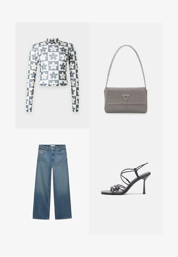 Langärmliges, hochgeschlossenes Crop-Top aus dehnbarem Stoff mit einem Schachbrettmuster, das dunkelblaue und weiße Blumen zeigt. Glatte Textur.; Helleblaue weit geschnittene Jeans aus Denim mit mittelhoher Taille, zwei Fronttaschen und klassischen Nähten.; Schwarze, hochhackige Sandalen mit dünnen Riemen und einem geknoteten Design, einer glatten, rechteckigen Zehenpartie und einem eleganten Stiletto-Absatz.; Hellegraue metallische Handtasche mit einer Kettenriemen, verziert mit kleinen kreisförmigen metallic Nieten und einem dreieckigen Markenlogo.; Silberne Creolen mit einer glatten, glänzenden Oberfläche. Abgerundete Form, leichtes Design, mit einer Steckverschluss.