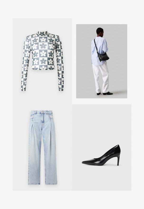 Długi rękaw, bluzka crop o wysokim kołnierzu z elastycznego materiału w wzór szachownicy z ciemnoniebieskimi i białymi kwiatami. Gładka tekstura.; Jasnoniebieskie dżinsy z wysokim stanem, szerokimi nogawkami, dwoma bocznymi kieszeniami oraz plisowanym wzorem. Miękka tekstura z wyblakłym wykończeniem.; Czarna skórzana szpilka z ostrym noskiem, gładką fakturą i zwężającym się obcasem. Minimalistyczny design, bez dodatkowych zdobień.; Czarna skórzana torba na ramię o miękkiej fakturze, w kształcie trójkąta, z regulowanym paskiem, połączona z jasnoniebieską koszulą w paski i białymi spodniami.