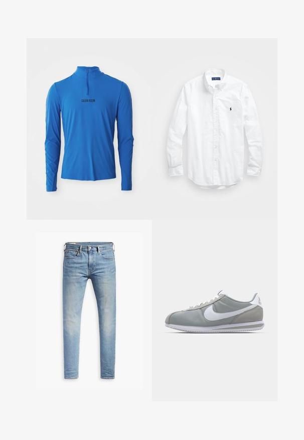 Long-sleeve, quarter-zip top in bright blue, featuring a smooth texture and the printed brand name "CALVIN KLEIN" in black on the front.; White long-sleeve button-up shirt in cotton. Features a classic collar, button cuffs, and a small navy embroidered logo on the chest.; Light blue slim-fit jeans with slight fading on thighs, front button closure, belt loops, and five-pocket styling on a white background.; Gray athletic shoe with a suede and textile upper, white Nike swoosh, and white laces. Features a textured rubber sole and padded collar.
