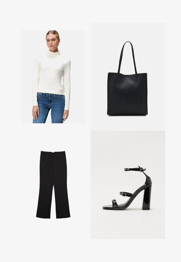Cremfarbener Rollkragenpullover mit langen Ärmeln aus weichem Material, figurbetontes Design, glatte Textur, getragen mit dunkelblauen Jeans.; Schwarze Hose mit geradem Schnitt, ausgestattet mit Fronttaschen und Seitenschlitzen am Saum. Hergestellt aus weichem, glattem Stoff. Geeignet für verschiedene Anlässe.; Schwarze patentierte Sandalen mit Absatz, quadratischer Spitze, Knöchelriemen und silbernen Schnallen. Mit einem stabilen Blockabsatz für mehr Stabilität.; Schwarze Laptoptasche aus Leder mit glatter Textur, rechteckiger Form und zwei langen Griffen. Keine sichtbaren Beschläge oder Verzierungen.