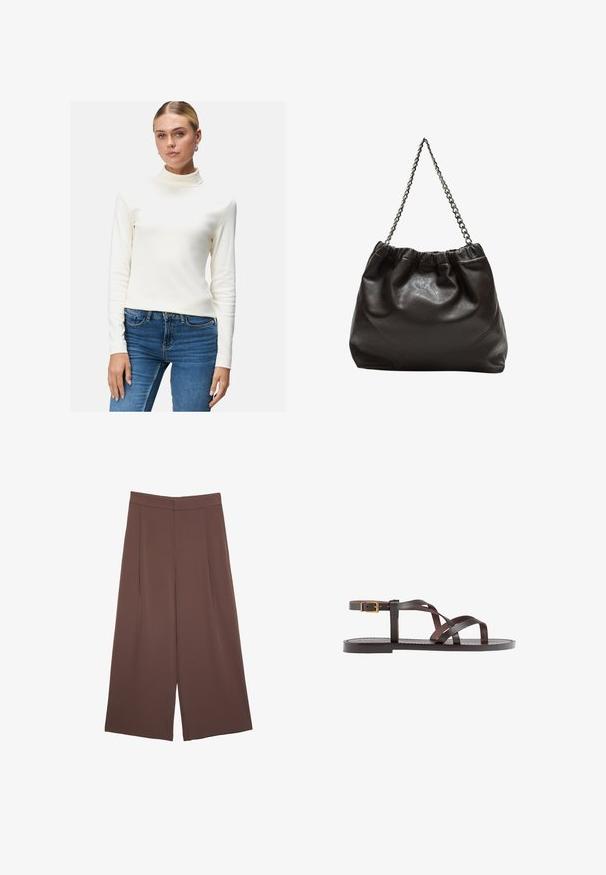 Maglione a collo alto a maniche lunghe di colore crema, realizzato in materiale morbido, design aderente, texture liscia, indossato con jeans blu scuro.; Pantaloni ampi marroni con una texture liscia, caratterizzati da una vita alta e pieghe frontali. Il tessuto è leggero e scorre liberamente.; Sandal in pelle marrone con cinturini incrociati, chiusura con cinturino alla caviglia e suola piatta con dettagli di cucitura minimi.; Borsa in pelle marrone con parte superiore arricciata e tracolla a catena. Texture liscia con finitura lucida e dettagli di cucitura sottili sui lati.