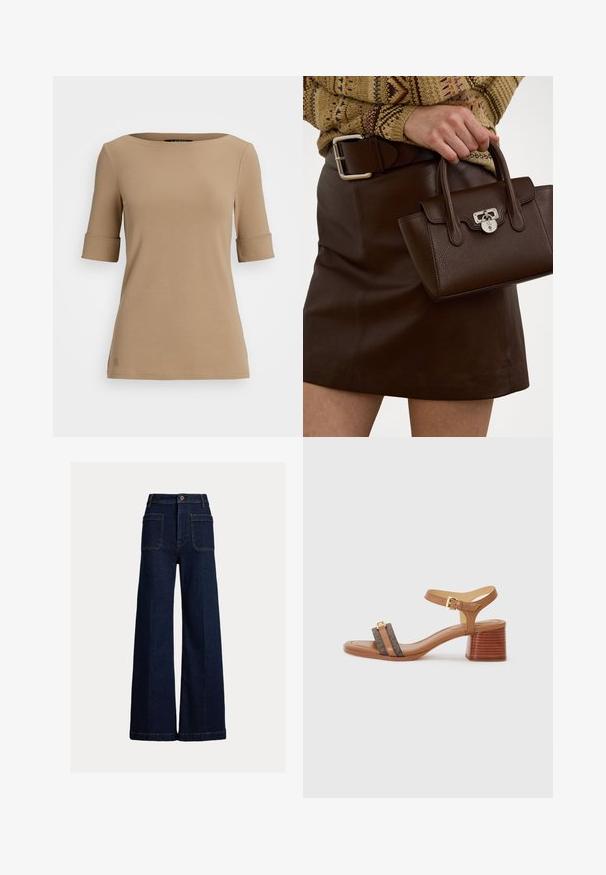 Beige kortermet topp med rund halsutringning, med rulleterminger og en jevn tekstur. Lite logodetalj nær kanten.; Bredde ben jeans i mørk blå denim, med høy livhøyde, to foran lommer, og to baklommer med knappelukking.; Tan hæl sandal med firkantet tå, to mørkebrune remmer og en guldbuckle. Har en stablet blokhælhæl og glat lædertekstur.; Brun skinnveske med strukturert overflate og sølvfarget hardware, holdt med en hånd ved siden av et brun skinnskjørt og et mønstrete genser.