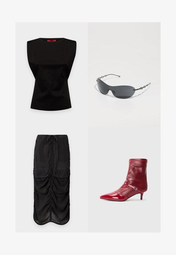 Black sleeveless top with a structured shoulder design, smooth texture, round neckline, and subtle draping at the waist.; Black midi skirt made of lightweight fabric. Features gathered detailing, two front pockets, and a drawstring waistband for adjustability.; Red synthetic ankle boot with a pointed toe, glossy finish, and a slim heel. Features a strap with a metal buckle and elasticized cuff.; Sunglasses with dark gray lenses, sleek curved shape, and distinctive wavy metal arms. Surface is smooth with a subtle matte finish.; Black patent leather handbag with a triangular shape, featuring a top zipper and adjustable strap. Logo "KARL LAGERFELD JEANS" in silver.; Black lace choker featuring an oval faceted pendant and two dangling beads. Intricate design with a decorative patterned edge.