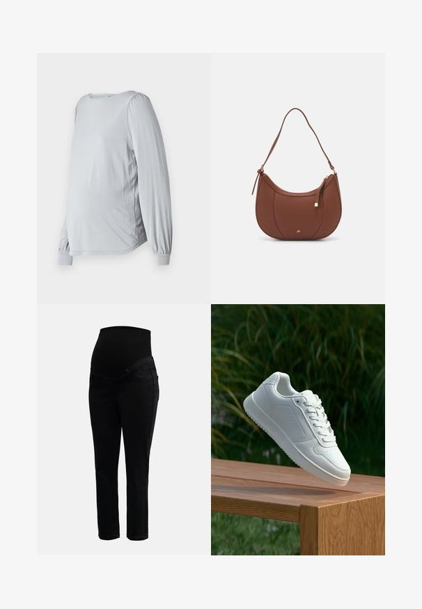 Light gray, long-sleeve top with a rounded neckline, puffed sleeves, and a loose fit, designed for comfort during pregnancy.; Black maternity jeans with stretchy high waistband and slim-fit legs, designed for comfort and support during pregnancy.; White sneaker with a smooth synthetic upper, perforated toe box, flat laces, and a textured sole, displayed on a wooden surface.; Brown faux leather shoulder bag with curved shape, minimal stitching, and a gold-tone hardware accent. Features a top zipper closure and adjustable strap.