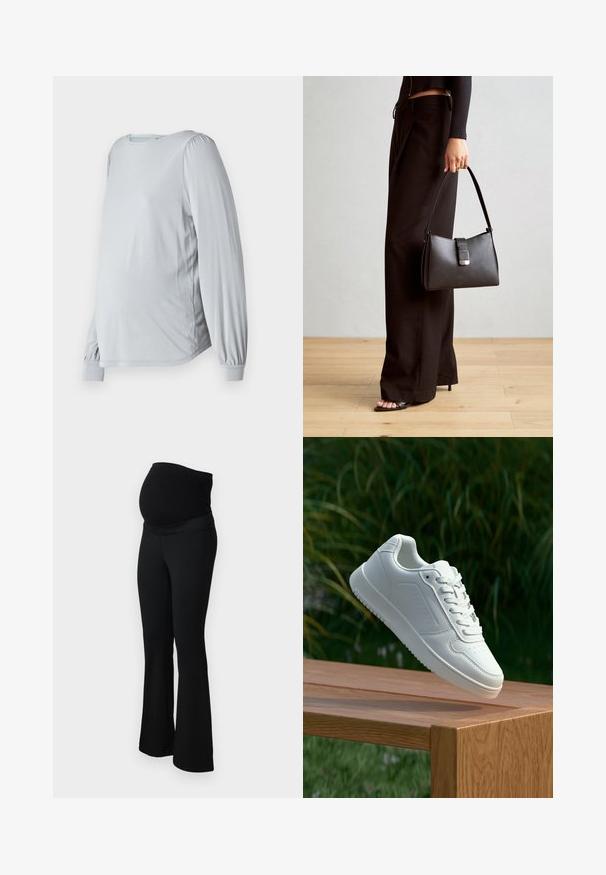 Lys grå, langermet topp med rund halslinning, puffete ermer og løs passform, designet for komfort under graviditet.; ONLY MATERNITY OLMPAIGE - Bukse - black; Hvite sneakers med en glatt syntetisk overdel, perforert tåboks, flate snørebånd og en teksturert såle, vist på en treflate.; Svart håndveske med strukturert form, jevn tekstur og metallisk lås. Kombinert med brede svarte bukser og sandaler med åpen tå på tregulv.
