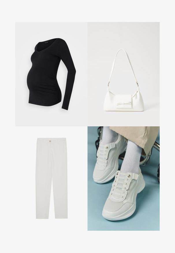 Černý těhotenský top s dlouhým rukávem a kulatým výstřihem, s nařasením po stranách pro přiléhavý vzhled. Vyrobeno z měkké látky.; Bílé kalhoty na míru s rovnými nohavicemi, se zapínáním na knoflík, poutky na opasek a bočními kapsami; hladká struktura látky.; Bílé tenisky s materiálem z mešové tkaniny, gumovou podrážkou, bezšňůrovým designem s elastickými pásky a zlatými akcenty.; Bílá syntetická kabelka v trojúhelníkovém tvaru, s plochým předním klopným víkem a detailem mašle, nastavitelným popruhem, hladkým povrchem a minimalistickým designem.