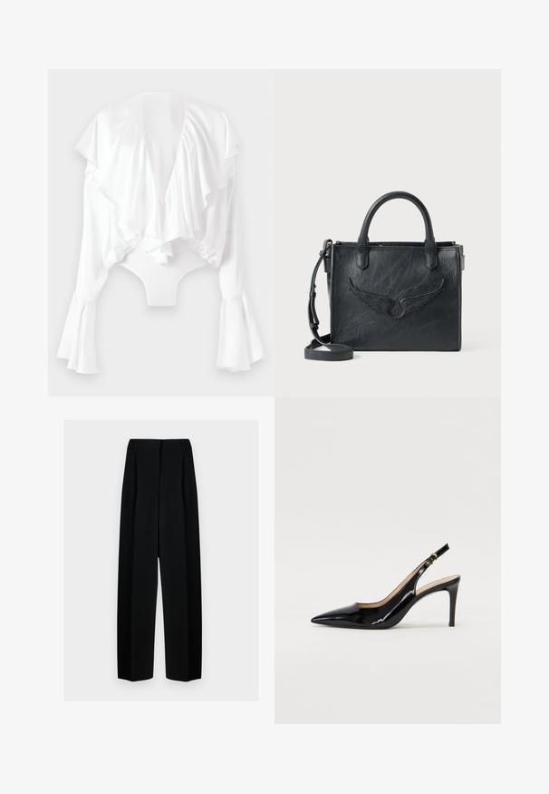 Balta bodysuit su giliu V formos nugaros iškirpimu, raukšlėtu priekiu ir platėjančiomis rankovėmis. Pagamintas iš lygaus, blizgaus audinio su prigludusia forma.; Juodos plačios kelnės su aukštu liemeniu, su klostėmis ir glotnia tekstūra. Medžiaga atrodo lengva ir dailiai krenta.; Juodas lakinės odos slingback batelis su smailiu nosiu, plonu kulnu ir subtiliu išpjovos dizainu. Yra auksinė sagtis ant dirželio.; Juodas odinis rankinės su sparnų dizaino akcentu. Yra dvi apvalios rankenos ir nuimamas peties diržas. Tekstūruotas paviršius. Kompaktiška forma.