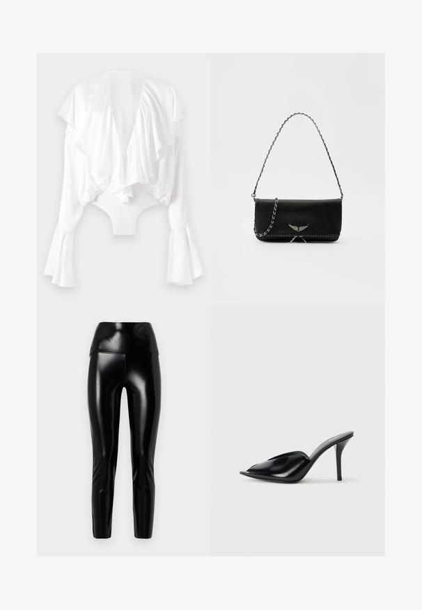 Valkoinen bodysuit, jossa on syvä V-mallinen selkä, röyhelöinen etuosa ja levenevät hihat. Valmistettu sileästä, kiiltävästä kankaasta, joka on istuva muotoilu.; Musta keinonahka leggingsit korkealla vyötäröllä, sileä pinta, kapenevat lahkeet ja kiiltävä viimeistely. Ei näkyviä saumoja tai koristeita.; Musta nahkainen korkeakorkoinen mules-malli, avoimella varpaalla, terävä muotoilu, sileä pinta ja kapea stilettokorko.; Musta nahkalaukku, jossa on hopeaketjuolkaimet, koristelu siipiyksityiskohdilla ja valkoisella ommellulla sauman alareunassa.