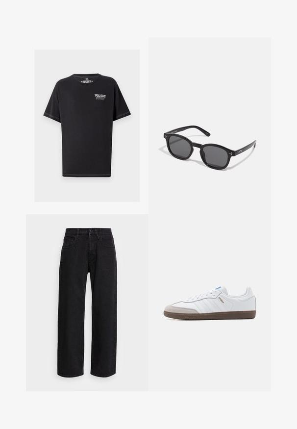Crna majica kratkih rukava od pamuka, s okruglim izrezom i bijelim logotipom "VOLCOM STORE" na prsima, s kontrastnim šavovima.; Crne traperice širokih nogavica s visokim strukom, s pet džepova i dugmetom za zatvaranje. Tkanina ima gladak tekstur i blagu elastičnost.; Bijele kožne tenisice s sivom suknjom na vrhu, tri horizontalne bijele pruge, plavi naglasak i smeđi gumeni potplat. Tekstura na potplatu.; Crne ovalne sunčane naočale s tamnim staklima, debelim okvirima i srebrnim točkicama s bočnih strana. Glatki plastični materijal, suvremeni dizajn.