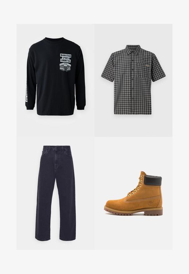 Sort langærmet t-shirt med rund hals. Har hvide trykte grafikker: "Manastash Sports Committee" og et design på venstre bryst.; Kortærmet skjorte i sort-hvidternet mønster, med knap-ned krave, frontlomme og et lille mærke på brystet.; Mørk vaske denim jeans med en bred ben silhuet, høj talje og fem-lomme design. Har en klassisk knap- og lynlåslukning.; Tan nubuck ankelstøvle med sort polstret krave, gyldne metaløjer, hvid syning detaljer og robust gummisål med udtalte slidbaner.