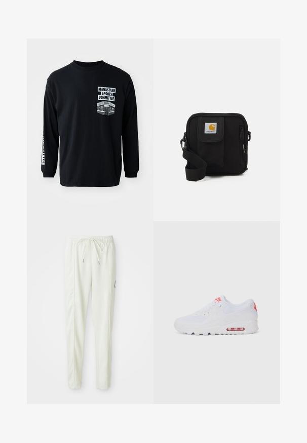 Black long-sleeve t-shirt with crew neck. Features white printed graphics: "Manastash Sports Committee" and a design on the left chest.; White slim-fit jogger pants with elastic waistband and drawstring, featuring side seam detailing and a small black patch on the right leg.; White athletic sneaker featuring a smooth upper, lace closure, cushioned sole, and a visible air unit with red accents on the branding.; Black crossbody bag with a zippered main compartment, front pocket, adjustable strap, and a visible logo patch on the flap.