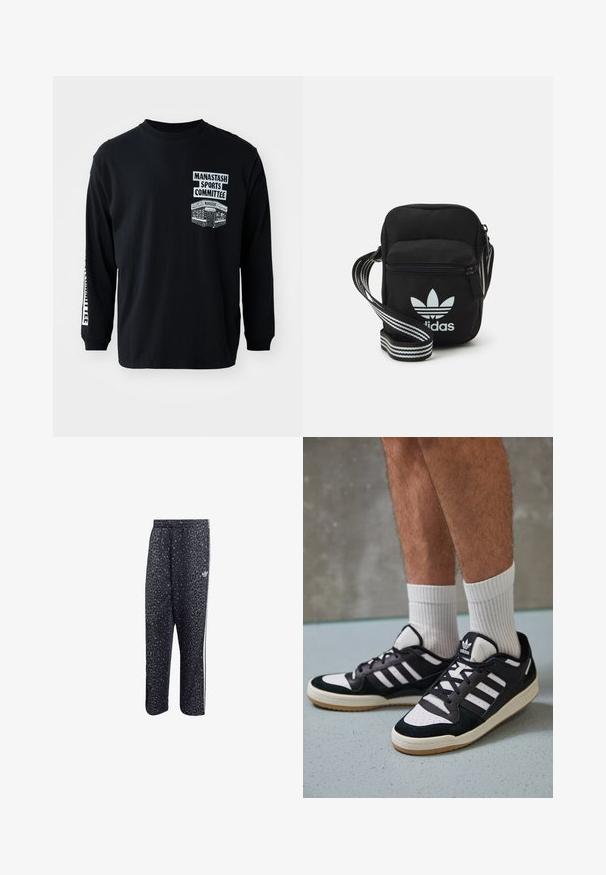 Črni dolg rokav majica s krožnim izrezom. Ima bele natisnjene grafike: "Manastash Sports Committee" in obliko na levi prsni strani.; Črne športne hlače z vzorcem leoparda, ki imajo bele tri črte in logo športne blagovne znamke na strani.; Črno-bele superge z zgornjim delom iz usnja in nubuka, ki imajo tri bele črte, perforiran vrh prstov in podplat iz gume.; Črna tkaninska torbica čez ramo z zadrgo, ki vsebuje belo Adidasovo logo in pridelano naramnico z več črtami za enostavno nošenje.