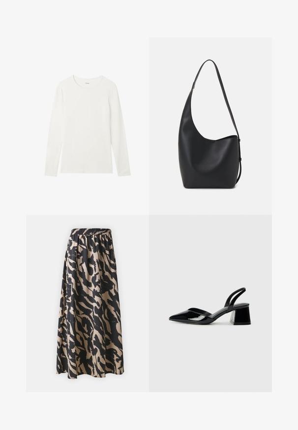 T-shirt a maniche lunghe bianca realizzata in cotone morbido, con scollatura rotonda e una finitura liscia e pulita, senza motivi né accenti.; Gonna lunga nera e beige con fascia elastica in vita, caratterizzata da un motivo di stampa animale astratta e una silhouette fluida.; Décolleté in vernice nera con punta affusolata e tacco in geometria cubica. Presentano un design elegante e minimalista, con una texture liscia.; Borsa hobo nera in pelle con una superficie liscia, forma curvata e una singola tracolla regolabile; presenta un'ampia apertura nella parte superiore.