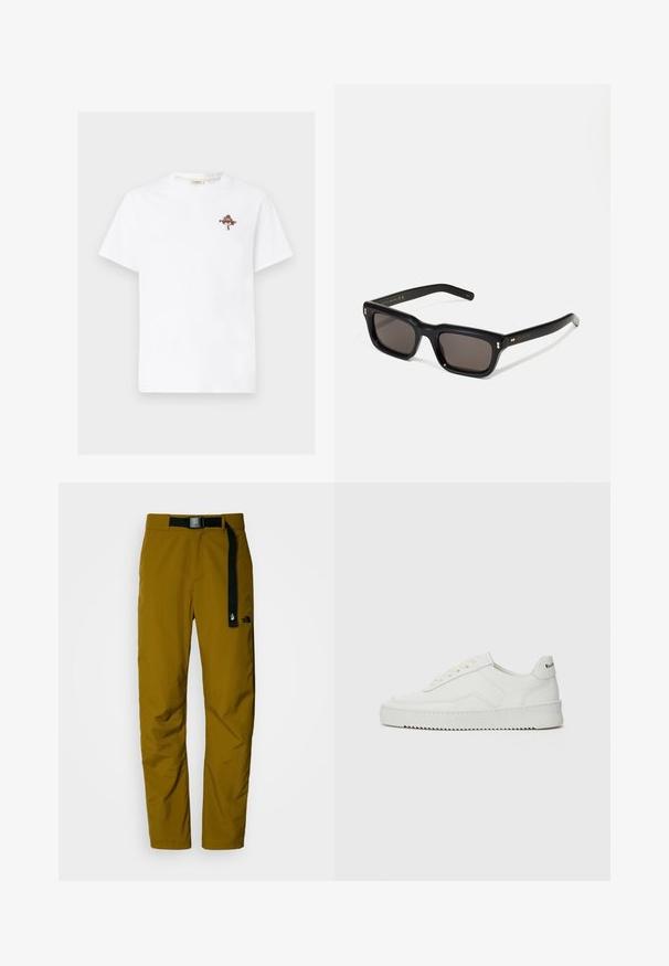 Valkoinen puuvillapaita, jossa on pieni, värikäs kukkakuosi ja teksti vasemmassa rintaosassa. Pyöreä kaula-aukko ja lyhyet hihat.; Vedenkestävät, kevyet ulkoiluhousut tumman sinapinkeltaisessa värissä, mustalla säätövyöllä, vasemmassa reidessä logo.; Valkoinen nahkakenkä, jossa on sileä pinta, pyöreä kärki, tasaiset nauhat ja teksturoitu pohja. Sisältää huomaamattoman logon kantapäässä.; Mustat suorakulmaiset aurinkolasit tummilla linsseillä, paksu muovikehys, kultaiset korostukset temppeleissä ja brändin logo kaiverrettuna varteen.