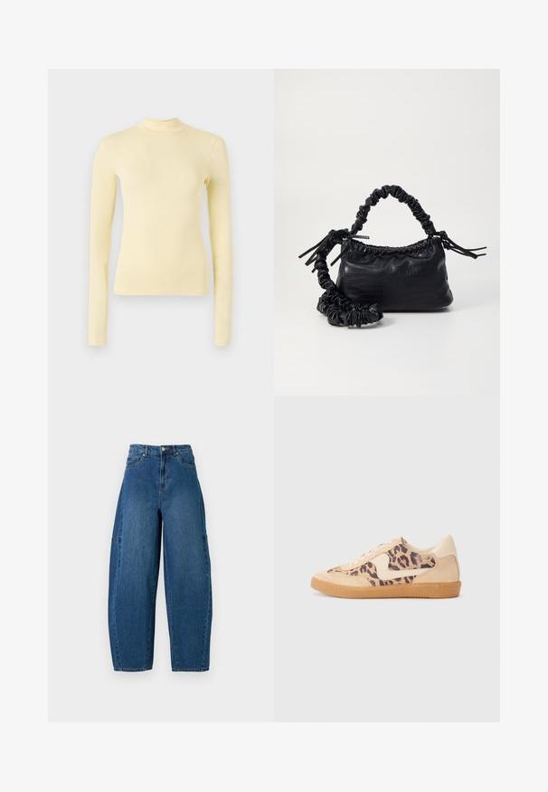 Długi rękaw, wełniany golf w miękkim żółtym kolorze, slim fit z wysokim kołnierzem i gładką fakturą, bez widocznych wzorów czy elementów metalowych.; Jeans dżinsowe w średnim niebieskim kolorze, z wysokim stanem, szeroką nogawką oraz standardowym pięciomieszkowym wzorem, z widocznymi detalami przeszycia.; Sneakers w panterkowym wzorze, z beżową zamszową cholewką, brązową gumową podeszwą i białymi akcentami. Okrągły czubek i sznurowany fason z fakturowym wykończeniem.; Czarna torebka z syntetycznej skóry o teksturze krokodyla, z zaciąganym górnym zamknięciem i marszczonym paskiem. Wygląda na miękką i zwartą w designie.