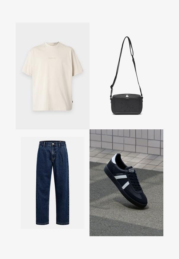 Replay Basic T-shirt - alabaster; Dark blue denim jeans with a straight-leg design. Features visible stitching, a button closure, and front pleats for added detail.; Black leather sneaker with white stripes, textured rubber sole, and lace-up front. Features a branded label on the tongue.; Black leather crossbody bag with a zip closure, embossed logo on the front, and adjustable strap. Smooth texture with a rectangular shape.