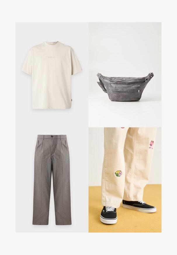 Replay T-shirts - alabaster; Grått hundetannsmønster bukser med rett ben-design, med folder, belte med knappelukking, og sidelommer.; Beige bomullsbukser med lekne broderte design, inkludert en rosa karakter og fargede blokker, kombinert med svarte snørebåndssko.; Grå semsket fanny pack med avrundet form, to glidelåslommer og justerbar stropp. Har metallbeslag som detaljer.