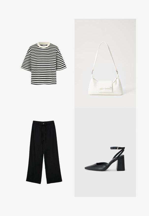 Schwarz-weißer gestreifter Kurzarm-T-Shirt mit rundem Halsausschnitt und lockerer Passform. Der Stoff wirkt glatt, mit gleichmäßig verteilten horizontalen Streifen.; Schwarze, leichte weitgeschnittene Hosen mit elastischem Bund und Kordelzug. Glatte Textur, keine sichtbaren Muster oder Beschläge.; Schwarze Leder-Pumps mit spitzer Zehe, einem Knöchelriemen und einem blockigen Absatz. Flache Textur, elegantes Design und minimalistische Ästhetik.; Weiße synthetische Handtasche in dreieckiger Form, flache Vorderklappe und Schleifendetail, verstellbarer Trageriemen, glatte Textur und minimalistisches Design.