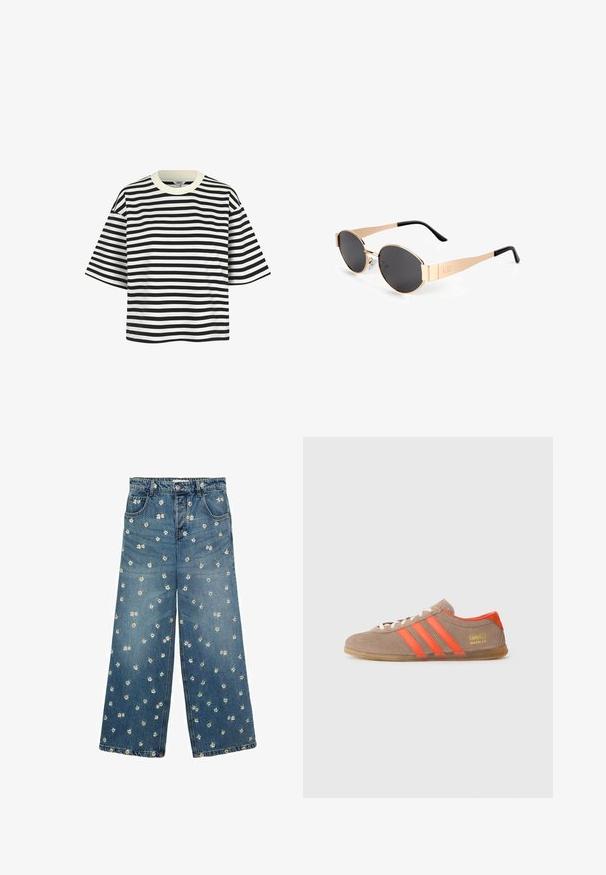 Černobílý pruhovaný tričko s krátkým rukávem, kulatým výstřihem a volnějším střihem. Tkanina vypadá hladce, s rovnoměrně rozloženými vodorovnými pruhy.; Modré denimové kalhoty širokého střihu s květinovým vyšívaným vzorem, na kterém jsou rozptýlené malé sedmikrásky.; Hnědé semišové tenisky se třemi jasně oranžovými pruhy, šněrováním v přední části a zlatým logem "Gazelle" na boku. Plochá gumová podrážka.; Zlaté oválné sluneční brýle s tmavými skly, které mají elegantní design, tenké nožičky a černý akcent na spánku. Číslo modelu L37.