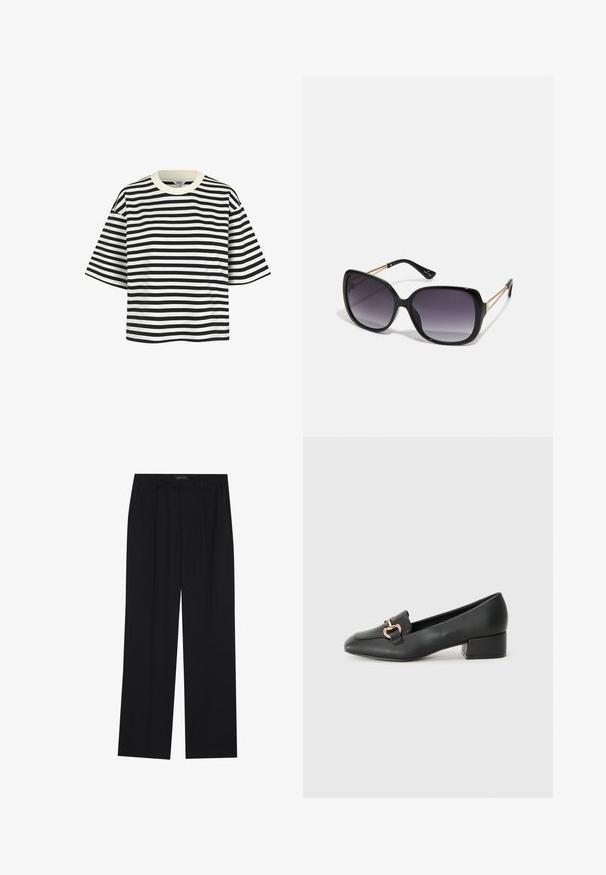 Camiseta de manga corta a rayas blanco y negro con cuello redondo y corte holgado. La tela parece suave, con rayas horizontales espaciadas uniformemente.; Pantalones negros con un diseño de pierna recta, que cuentan con dos bolsillos frontales y una cinturilla. Fabricados con una tela suave y ligera.; Mocasines de cuero negro con tacón plano, que cuentan con un detalle decorativo de hardware dorado en la parte frontal y una textura suave.; Gafas de sol negras de gran tamaño con lentes degradados, montura gruesa y detalles de cadena en tono dorado en las patillas.; Bolso negro con forma estructurada, textura suave y un cierre metálico. Combinado con pantalones anchos negros y sandalias de dedo en un suelo de madera.