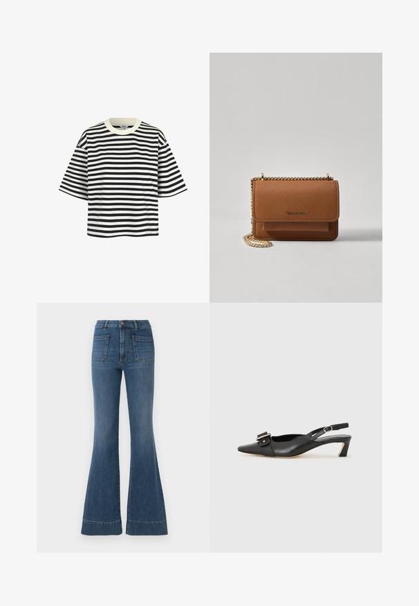 Mustvalge triibuline lühikeste varrukatega T-särk, ümarate kaelustega ja vabalt istuv. Kangas tundub sile, ühtlaselt paigutatud horisontaalsed triibud.; Laienevad sinised teksad keskmises pesus, millel on kõrge talje, viis taskut ja kerge kulumine põlvedel ja reitel.; Must must nahk slingback kingad terava varbaga, väikese kontsaga ja dekoratiivse pandlaga ülaosas. Sile tekstuur, minimalistlik disain.; Pruun tekstureeritud nahk ristkeha kott kuldse ahelaga rihmaga ja klapiga sulgemine. Esiküljel on logo detail ja tasku klapi all.