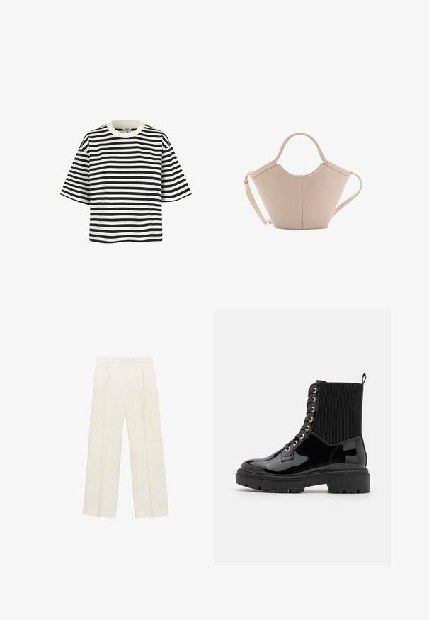 Sort-hvid stribet kortærmet t-shirt med rund hals og løst fit. Stoffet virker glat, med jævnt placerede vandrette striber.; Bredbenede bukser i en lys cremefarve. Fremstillet af et glat stof med plisseringer foran og sidelommer.; Sorte patentlæder ankelstøvler med en tekstureret ribbet stofoverdel, guldøjer, sorte snørebånd og en robust ydersål.; Lysebrun læderhåndtaske med en unik form, featuring to korte håndtag og et langt justerbart rem. Glat tekstur med minimal hardware.