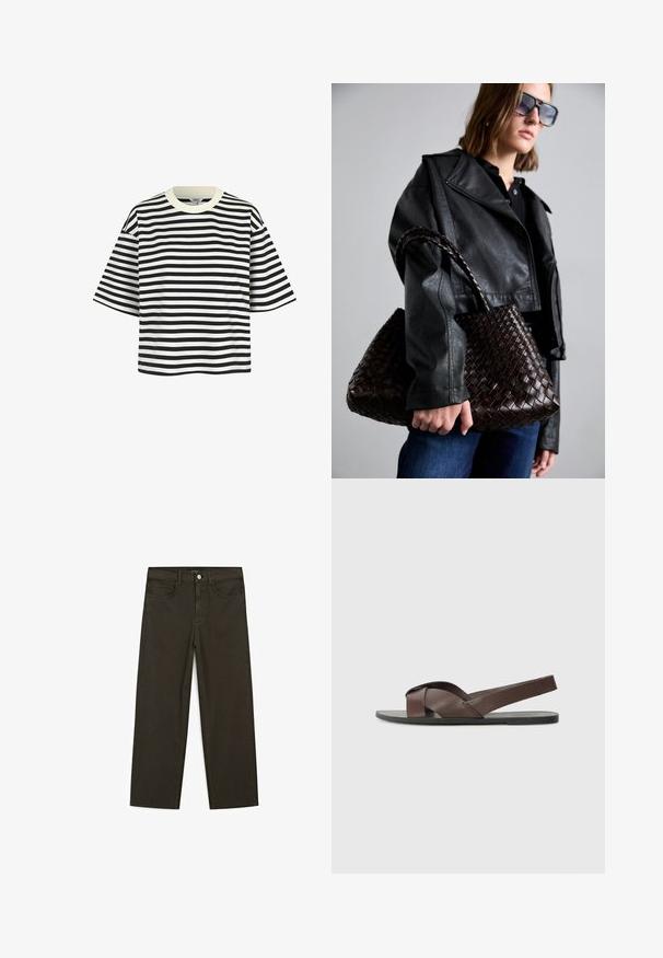 Černobílý pruhovaný tričko s krátkým rukávem, kulatým výstřihem a volnějším střihem. Tkanina vypadá hladce, s rovnoměrně rozloženými vodorovnými pruhy.; Tmavě zelené široké džínsy vyrobené z bavlněné směsi, s předním zapínáním na knoflík, pěti kapsami a klasickým denimovým stehem.; Hnědé kožené sandály s křížovým páskovým designem, plochou černou podrážkou a nastavitelným zadním páskem. Hladký povrch a minimální detaily hardwaru.; DRAGON DIFFUSION SANTA CROCE BIG - Kabelka - dark brown