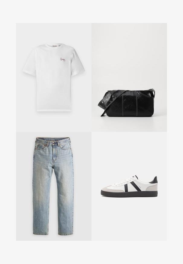 Weißes T-Shirt mit kurzen Ärmeln und kleiner burgunderfarbener Schrift "Dystopia Sounds" auf der linken Brust, Rundhalsausschnitt, schlicher Hintergrund.; Helle blaue Jeans mit hoher Taille, Frontknopf, Reißverschluss und fünf Taschen-Design, flach auf einem neutralen Hintergrund ausgelegt.; Weiße Sneaker mit schwarz- und grau-aczenten, ausgestattet mit einer strukturierten grauen Zehenkappe, schwarzer Gummi-Sohle und flachen weißen Schnürsenkeln. Sauberes Design, minimalistische Stil.; Schwarze Leder Schultertasche mit Reißverschluss, ausgestattet mit einer strukturierten Oberfläche, weißen Nähten und einem Tragegurt mit silbernen Ösen.