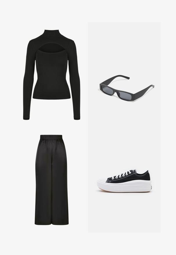 Sort langærmet bluse med høj hals og åben rygdesign. Lavet af glat stof, tætsiddende form og flade sømme for komfort.; Sorte brede bukser lavet af glat, skinnende stof med elastisk talje og uden synlige lommer eller hardwaredetaljer.; Sorte kanvas sneakers med hvide snørebånd, hvid gummitåhætte og en kraftig hvid mellemsål. Har diskret hvid syning og en gummisål.; Sorte rektangulære solbriller med mørke linser og tykke matte stel. Armen er let tilspidset med en glat overflade.