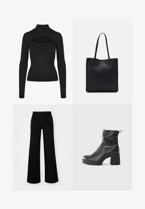 Schwarzes Langarmoberteil mit hohem Kragen und offenem Rücken. Hergestellt aus glattem Stoff, enganliegende Form und flache Nähte für Komfort.; Schwarze weit geschnittene Hose aus Denim, mit einem strukturierten Bund, Gürtelschlaufen und Fronttaschen. Glatte Textur mit klassischem Design.; Schwarze Stiefeletten aus glattem Leder mit seitlichem Reißverschluss, klobigem strukturiertem Absatz und runder Zehenform.; Schwarze Laptoptasche aus Leder mit glatter Textur, rechteckiger Form und zwei langen Griffen. Keine sichtbaren Beschläge oder Verzierungen.