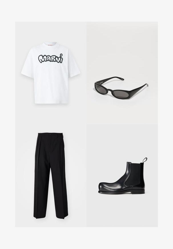 Balts īsās piedurknes T-krekls ar pārāk lielu piegriezumu un melnām treknām burbuļburtām, kas raksta "MARNI" centrā priekšpusē.; Melnas plisētās bikses ar taisnu, plata kāja dizainu. Izgatavotas no gludas auduma, ar pogu aizdari un jostas cilpiņām.; Melna ādas Čelsijas zābaks ar elastīgām sānu daļām, noapaļotu purngalu un strukturētu zoli. Dizains uzsver elegantu, modernu profilu.; Henrik Vibskov MEGAN SUNGLASSES UNISEX - Saulesbrilles - black