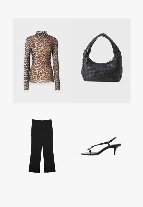 Bluzka z długim rękawem w panterkę z wysokim kołnierzem, wykonana z przezroczystego materiału, z różnymi odcieniami brązu i czerni na beżowym tle.; Czarne spodnie o prostym kroju, z przednimi kieszeniami i bocznymi rozcięciami na dole. Wykonane z miękkiego, gładkiego materiału. Odpowiednie na różne okazje.; Czarne skórzane sandały na koturnie z cienkimi paskami, złotą klamrą i minimalistycznym pętelką na palce na białym tle.; Czarna skórzana torebka na ramię pleciona, z okrągłym uchwytem i kształtem półksiężyca na jednolitym tle.