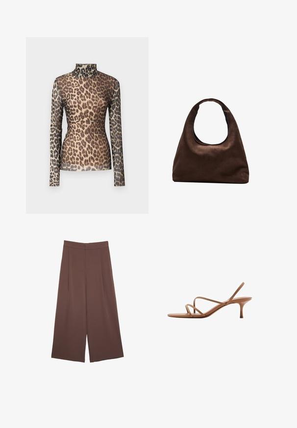 Majica dugih rukava s leopard uzorkom i visokim ovratnikom, izrađena od prozirnog materijala s različitim nijansama smeđe i crne na bež pozadini.; Smeđe hlače širokog kroja s glatkom teksturom, koje imaju visok struk i nabore sprijeda. Tkanina je lagana i slobodno se kreće.; Smeđe sandale s remenčićima minimalističkog dizajna. Imaju uski potpeticu i ravni đon, izrađene su od glatkog materijala s finim trakama.; Meka mekana smeđa torba hobo stila s jednim širokim remenom i zakrivljenim otvaranjem na vrhu, prikazana na bijeloj pozadini.