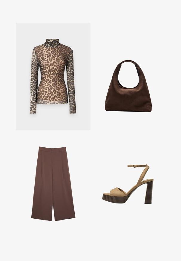 Pitkähihainen leopardi-printtikot top, jossa on korkea kaulus. Se on valmistettu läpikuultavasta kankaasta, jossa on vaihtelevaa ruskean ja mustan sävyistä pilkkuja beige-taustalla.; Ruskeat leveälahkeiset housut, joissa on sileä pinta, korkea vyötärö ja etupleat. Kangas on kevyttä ja laskeutuu väljänä.; Beige-nahkareunaiset korkokengät, joissa on leveä etuolka ja ankle strap, varustettu paksulla puukengän korolla, jossa on tekstuuripinta.; Pehmeä ruskea hobo-tyylinen käsilaukku, jossa on yksi leveä olkahihna ja kaareva yläosan aukko, esitelty valkoista taustaa vasten.