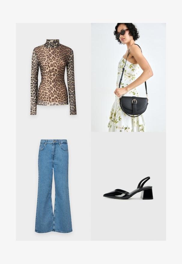 Leoparda raksta garām piedurkņu krekls ar augstu apkakli, kuram ir caurspīdīgs audums un dažādu brūno un melno plankumu toņi uz bēša fona.; Gaiši zili, platā piegriezuma džinsi, kas izgatavoti no denima, ar augstu jostasvietu, piecām kabatām un vienu pogu. Mīksta tekstūra ar nolietotu apdari.; Melna lakota āda ar atvērto papēdi, ar smailu purngalu un ģeometrisku blokpapēdi. Iezīmējas elegants, minimāls dizains un gluda tekstūra.; Melnas ādas rokassoma ar izliekta formu, noņemamu siksnu un zelta aksesuāriem. Somai ir vāciņš ar sprādzes detaļu.