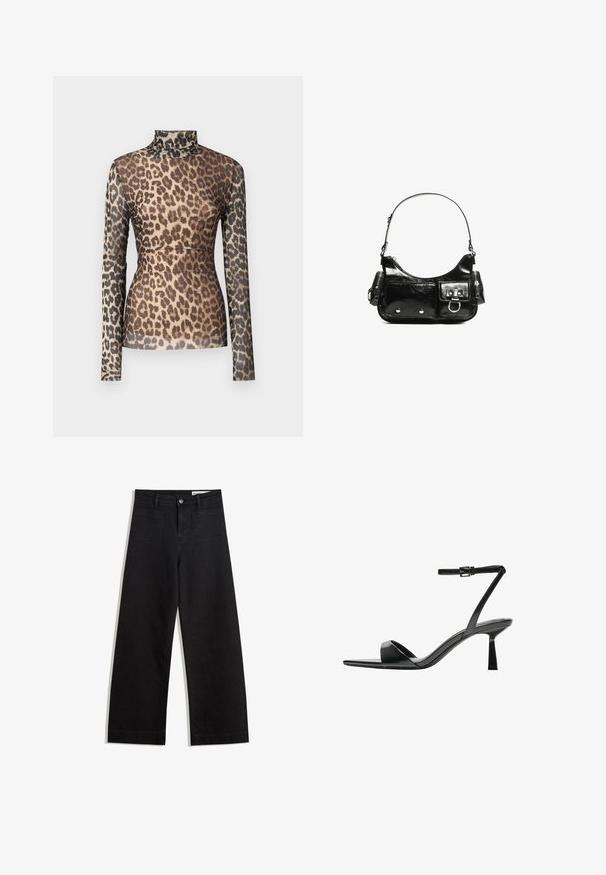 Topy s dlhými rukávmi s leopardím vzorom a vysokým golierom, vyrobené z priesvitného materiálu, s rôznymi odtieňmi hnedých a čiernych škvŕn na béžovom pozadí.; Čierne denimové nohavice s širokými nohavicami a vysokým pásom, so prednými a zadnými vreckami, šitými švami a zapínaním na gombík. Hladká textúra.; Bershka Sandále na vysokom opätku - black; Čierna laková kožená kabelka s ohnutým tvarom, jedným ramenným popruhom, prednými vreckami a striebornými kovovými doplnkami.