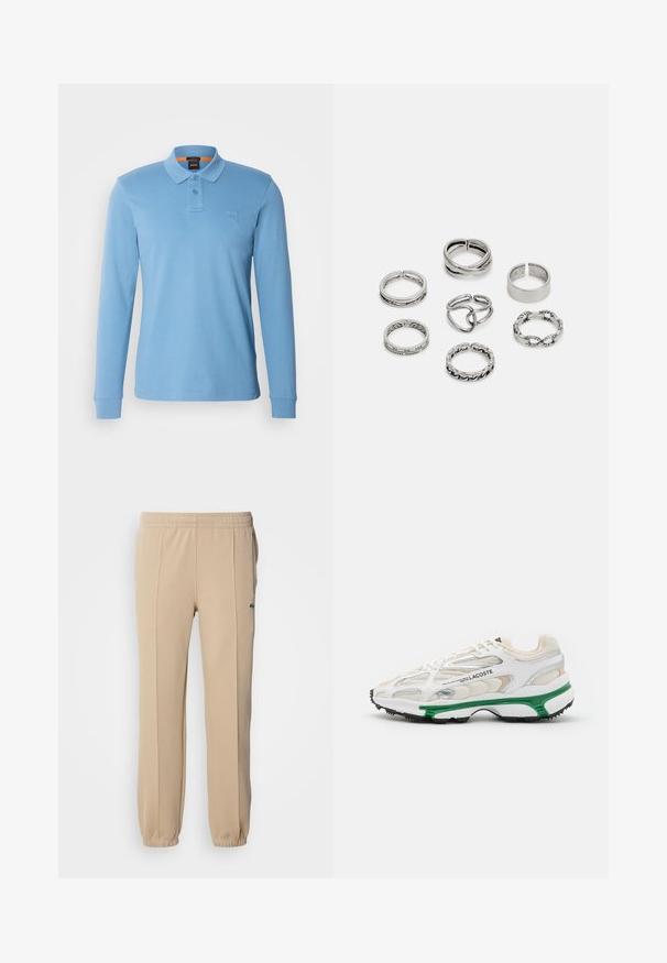 Pólo de mangas longas em algodão azul-claro com colarinho, nervura de dois botões e um emblema em relevo no peito.; Lacoste Calças de fato de treino - viennese; Sapatilha branca com detalhes verdes e sola de borracha preta. Apresenta painéis em malha e sintéticos, com um acabamento texturizado e costura visível.; Conjunto de sete anéis de prata com vários designs, incluindo padrões torcidos, entrelaçados e gravados. Diferentes formas e larguras.
