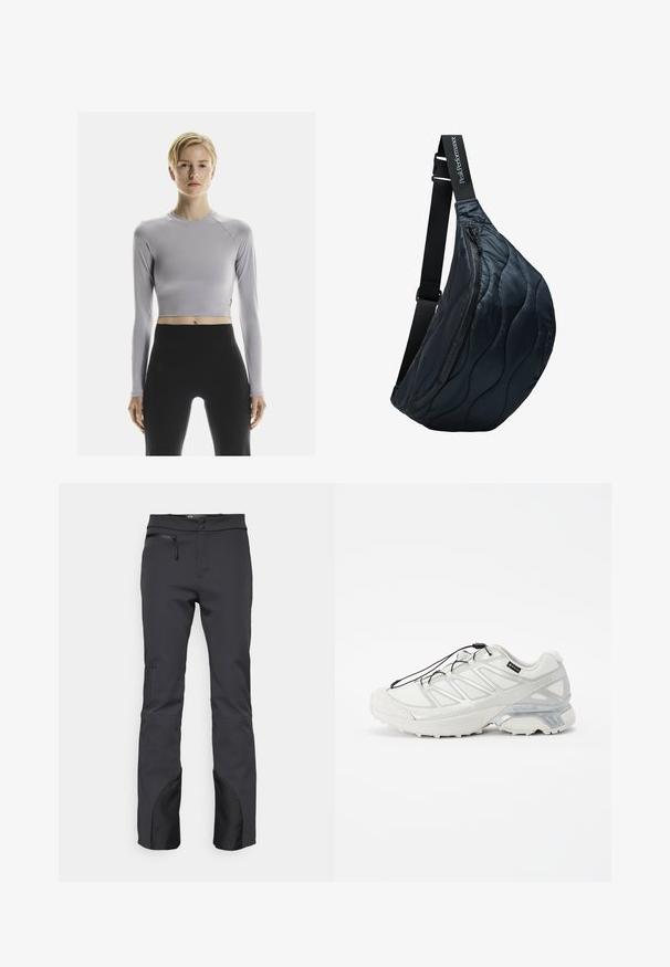 Světle šedý crop top s dlouhým rukávem vyrobený z elastického materiálu, výstřih kulatého tvaru a elegantní design. V kombinaci s černými legínami s vysokým pasem.; Černé outdoorové kalhoty vyrobené z technické tkaniny, s kapsou na zip, plochým pasem a černými akcenty na manžetách.; Bílé sportovní boty s texturovaným síťovým svrškem, reflexními akcenty a polstrovanou podrážkou. Obsahují elastické tkaničky a šedé detaily.; Černá prošívaná taška přes rameno s zakřiveným designem, vybavená zipovým uzávěrem a nastavitelným popruhem s brandingem "PeakPerformance". Hladká, lesklá textura.